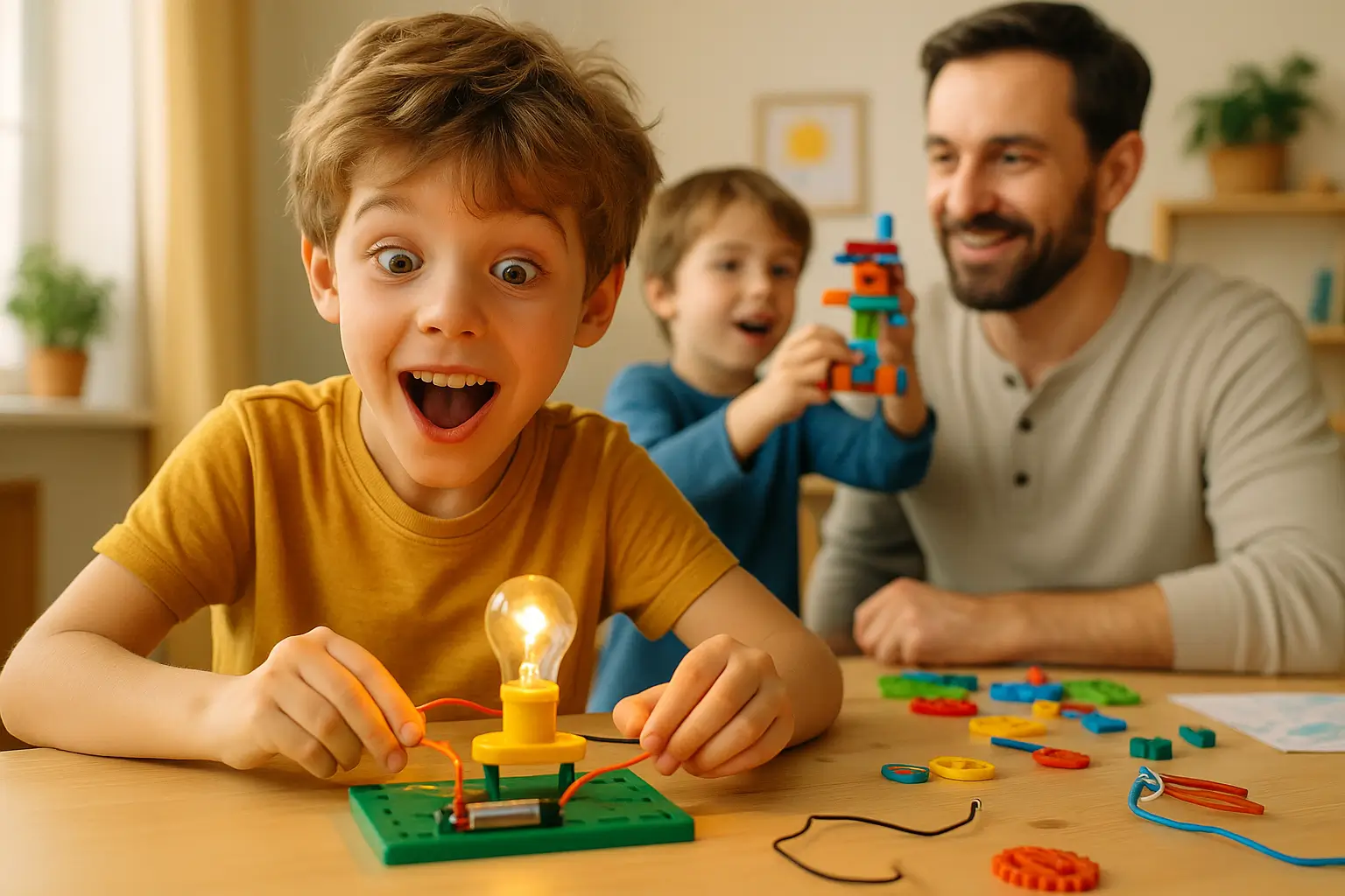 мальчик в восторге от схемы, семья смотрит на работу