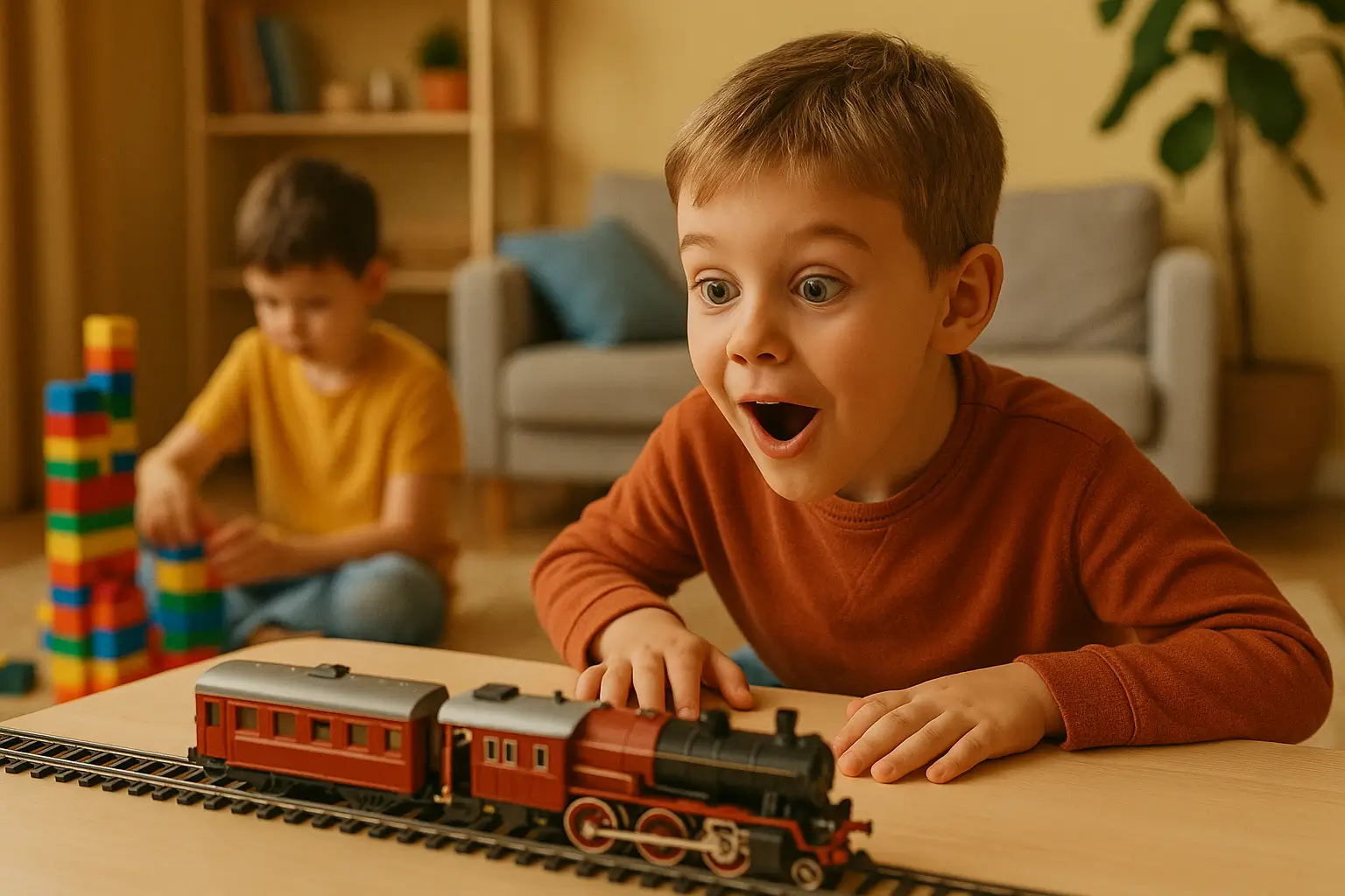 мальчик смотрит на поезд, сзади ребёнок играет