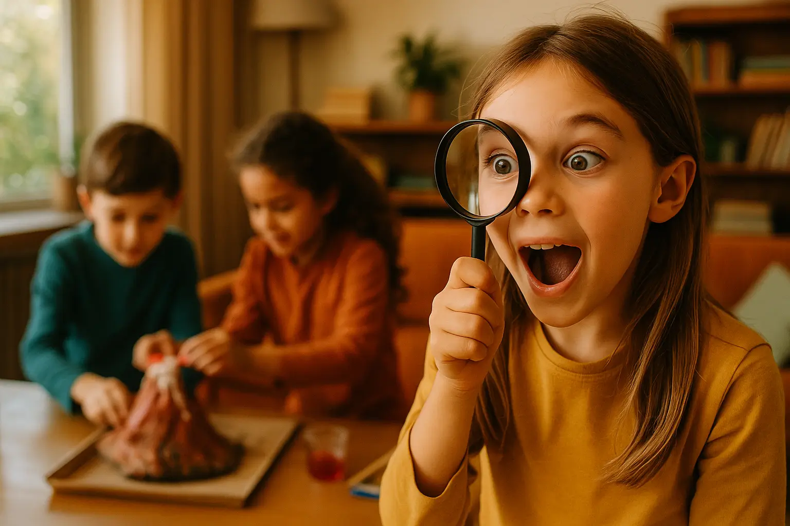 девочка с лупой удивляется, сзади дети строят вулкан
