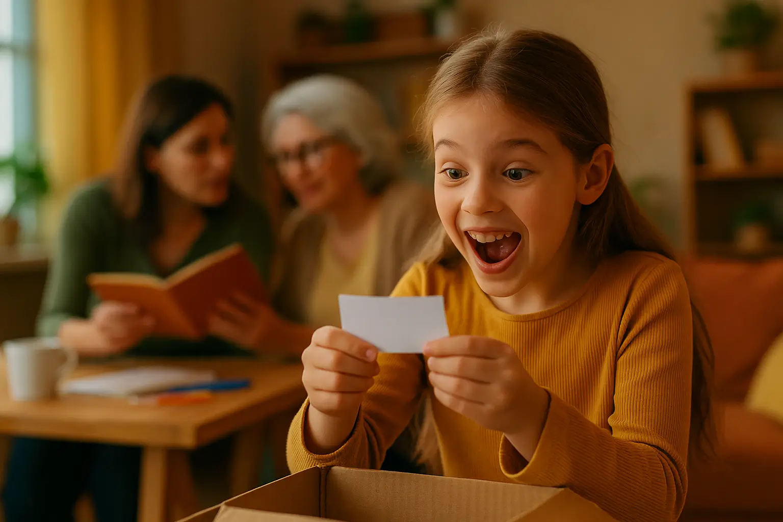 девочка радуется находке, мама с бабушкой на фоне