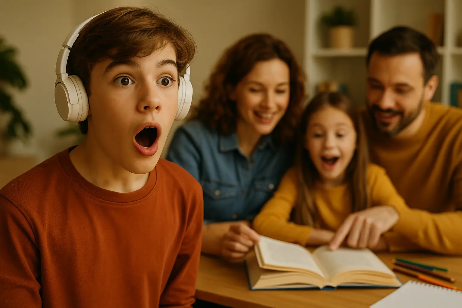 подросток удивлён звуком, сзади идёт обсуждение