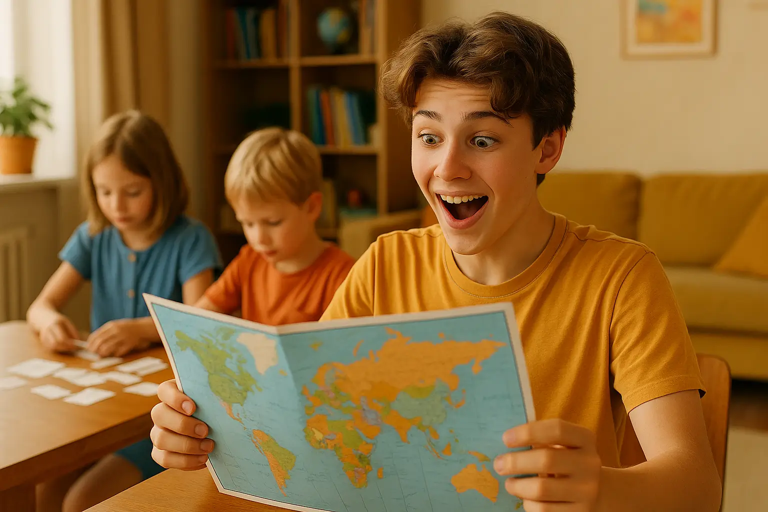 подросток в восторге от карты, дети работают на фоне